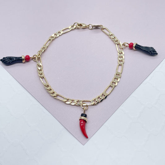 18k Gold Filled 4mm Figaro Charm Bracelet Featuring Black Figa Hand & Double