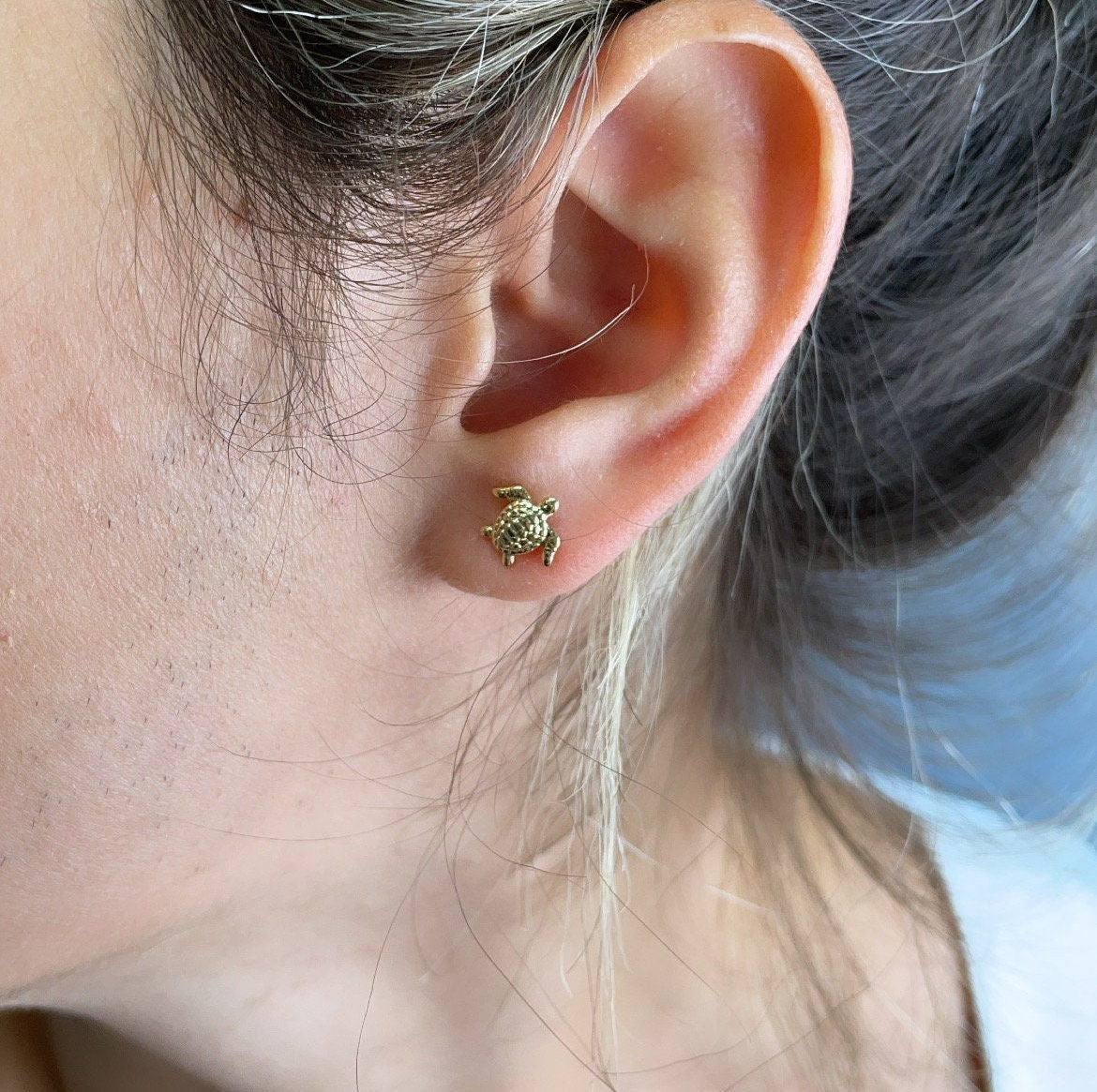 18k Gold Layered Tiny Plain Turtle Dainty Stud Earrings, Sea Animal Ocean