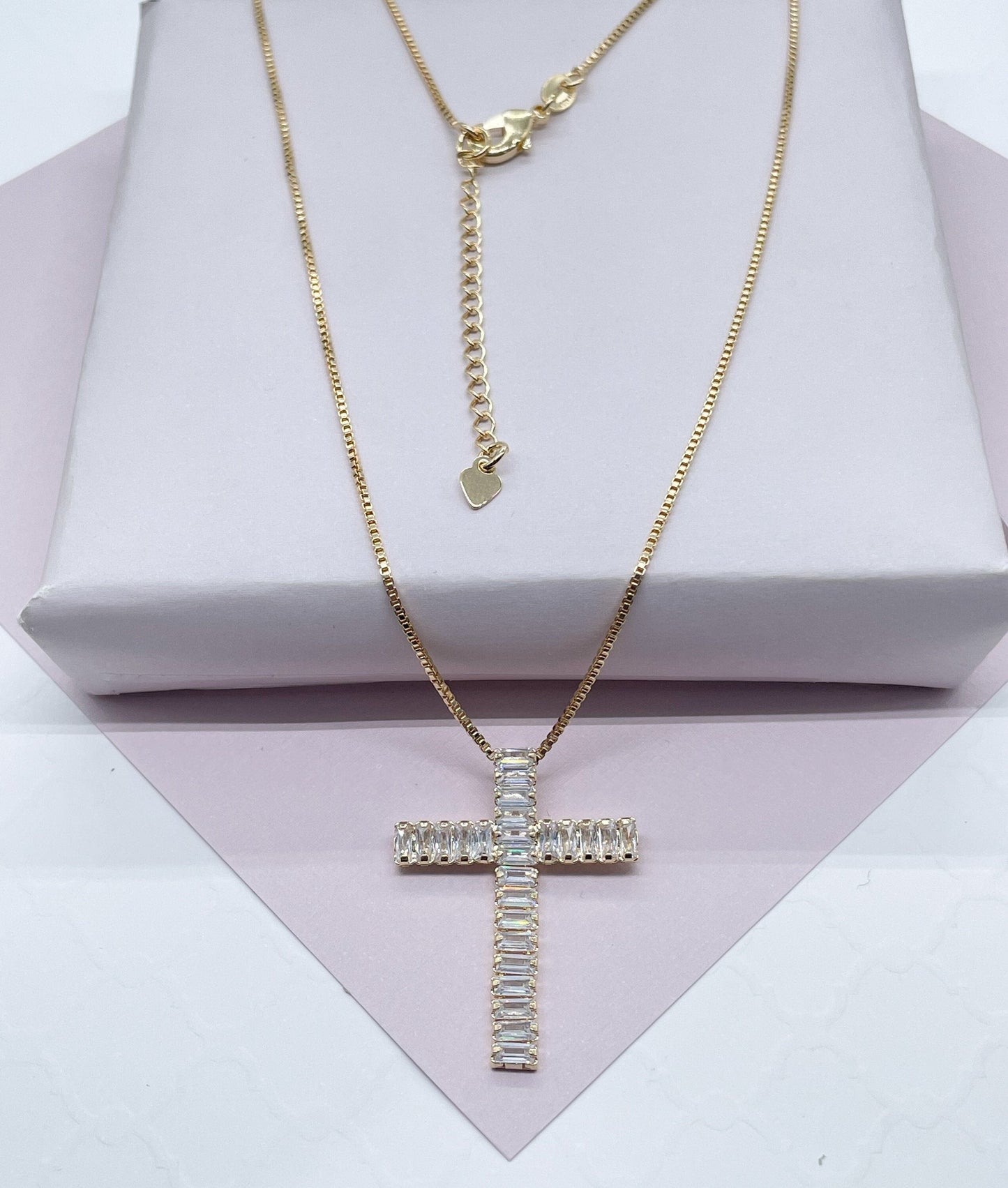18k Gold Layered Baguette Zirconia Flexible Cross Charm with Box Chain Necklace