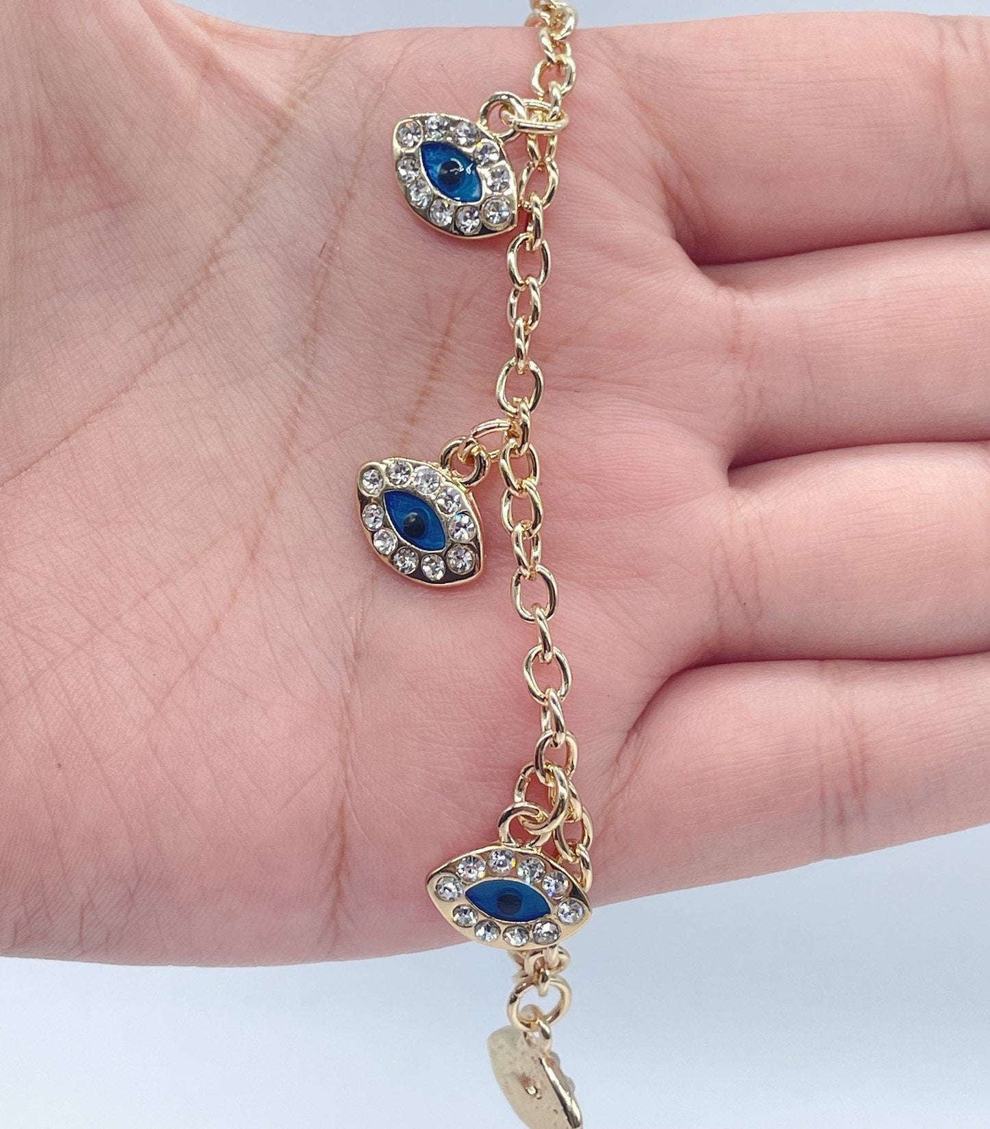 18k Gold Layered 7 Blue Evil Eyes Cubic Zirconia Charms Bracelet, Protection