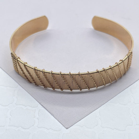 18k Gold Layered Flat Plain Cuff Bracelet Wrapped With Gold Thread, Gold