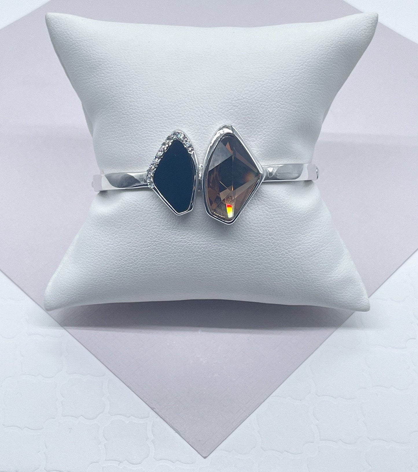 Silver Layered Cuff Bracelet With Simulated Soft Brown and Black Stones Partially