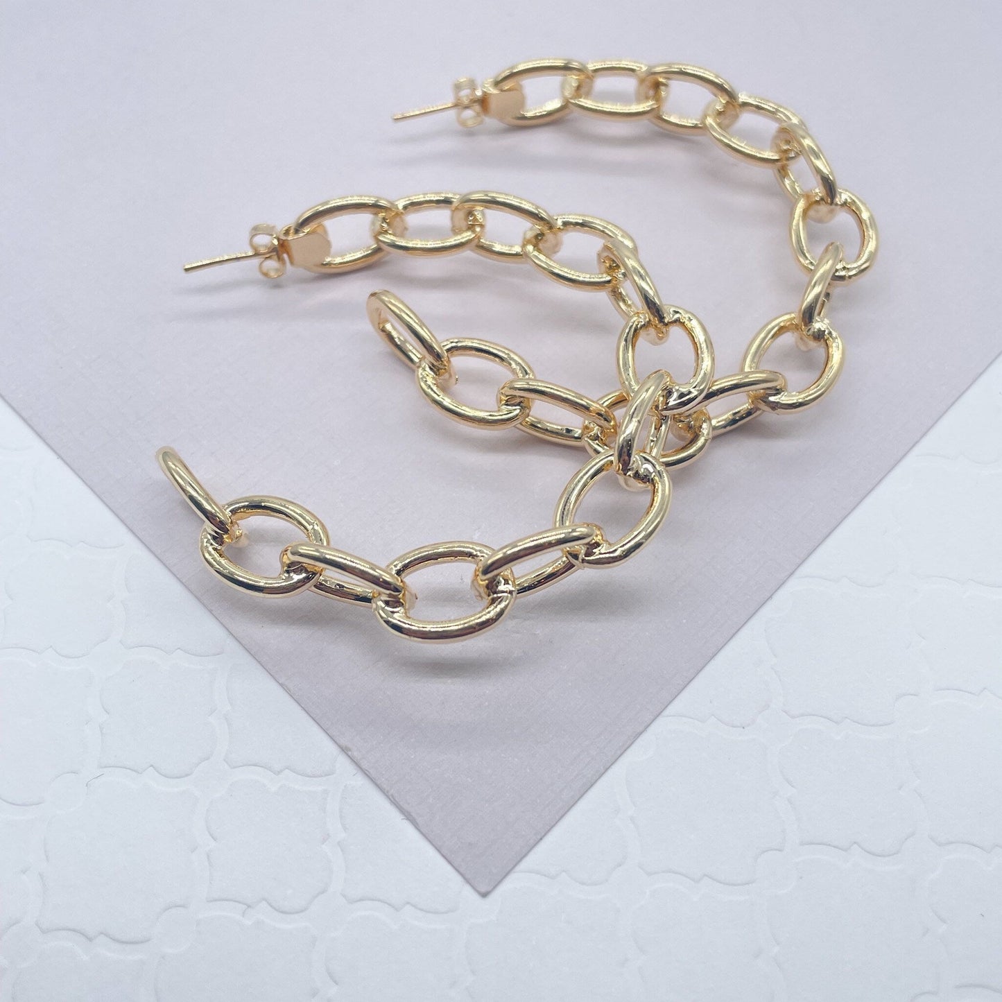 18k Gold Layered Link Chain Hoop Earrings, C-Hoops Large Cable Chain Link Style