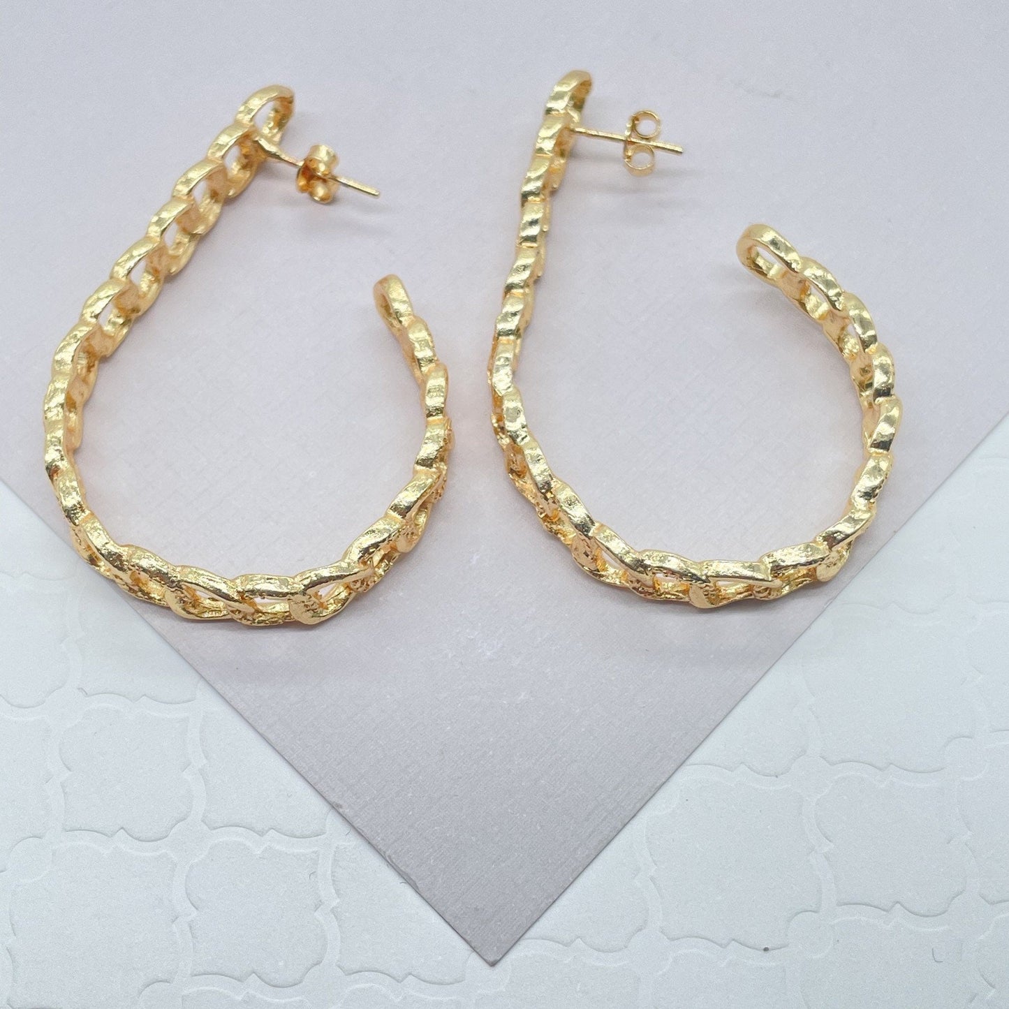 18k Gold Layered Curb Link Chain Style Teardrop Shaped Hoop Earrings, C-Hoops