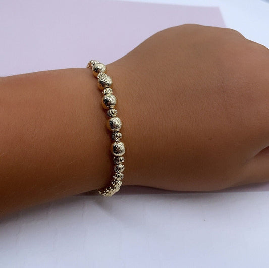 18k Gold Layered Crackle Beaded Kids Bracelet Featuring Fancy Corrugated Small