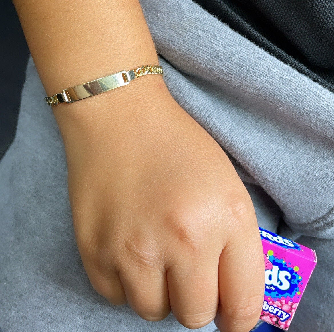 18k Gold Layered Cuban Link ID Children’s Bracelet, Curb Chain Bar Bracelet For