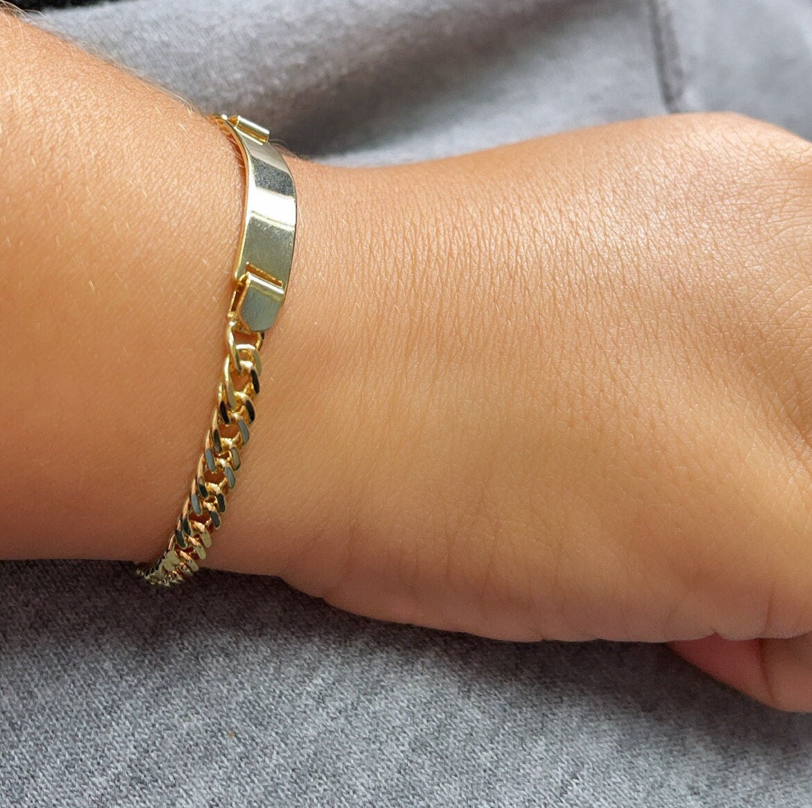 18k Gold Layered Cuban Link ID Children’s Bracelet, Curb Chain Bar Bracelet For