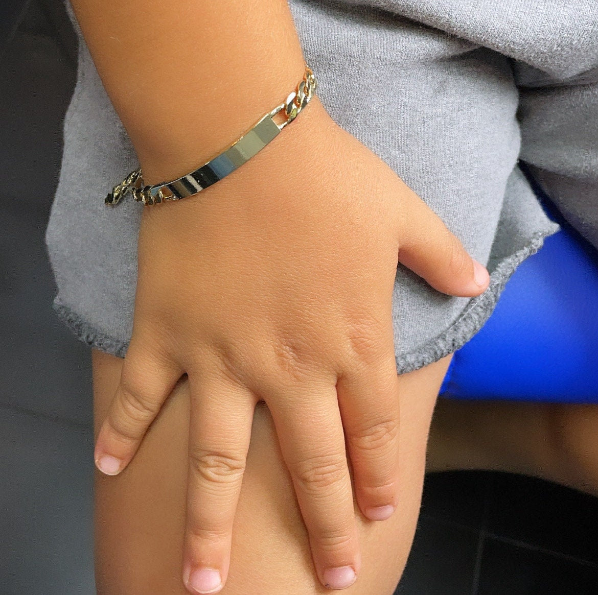 18k Gold Layered Mariner Link Bracelet With Plain Gold ID Band for Kids,