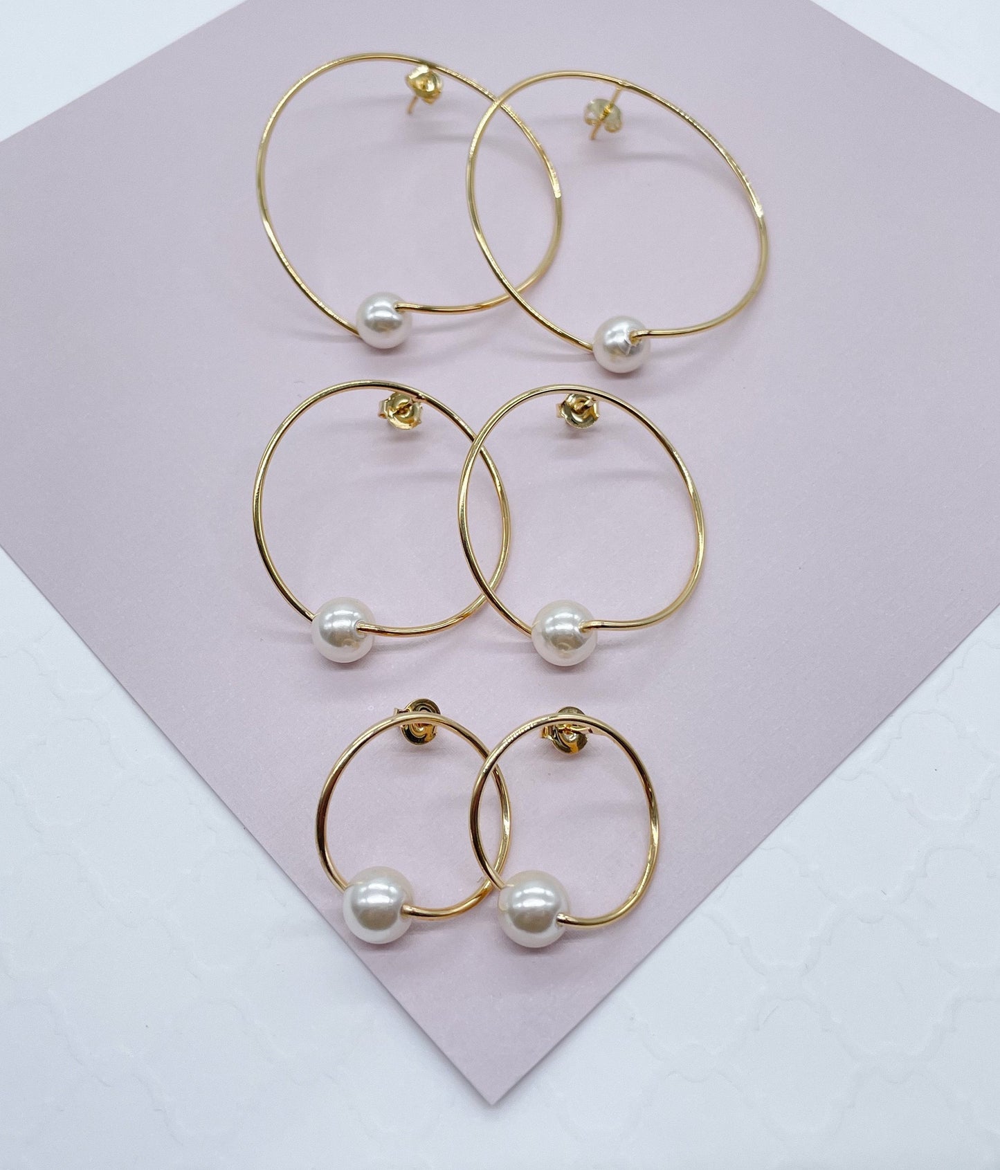 18k Gold Layered Designed Thin Hoop Earring With Simulated Pearl Wholesale