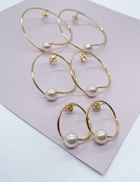 18k Gold Layered Designed Thin Hoop Earring With Simulated Pearl Wholesale