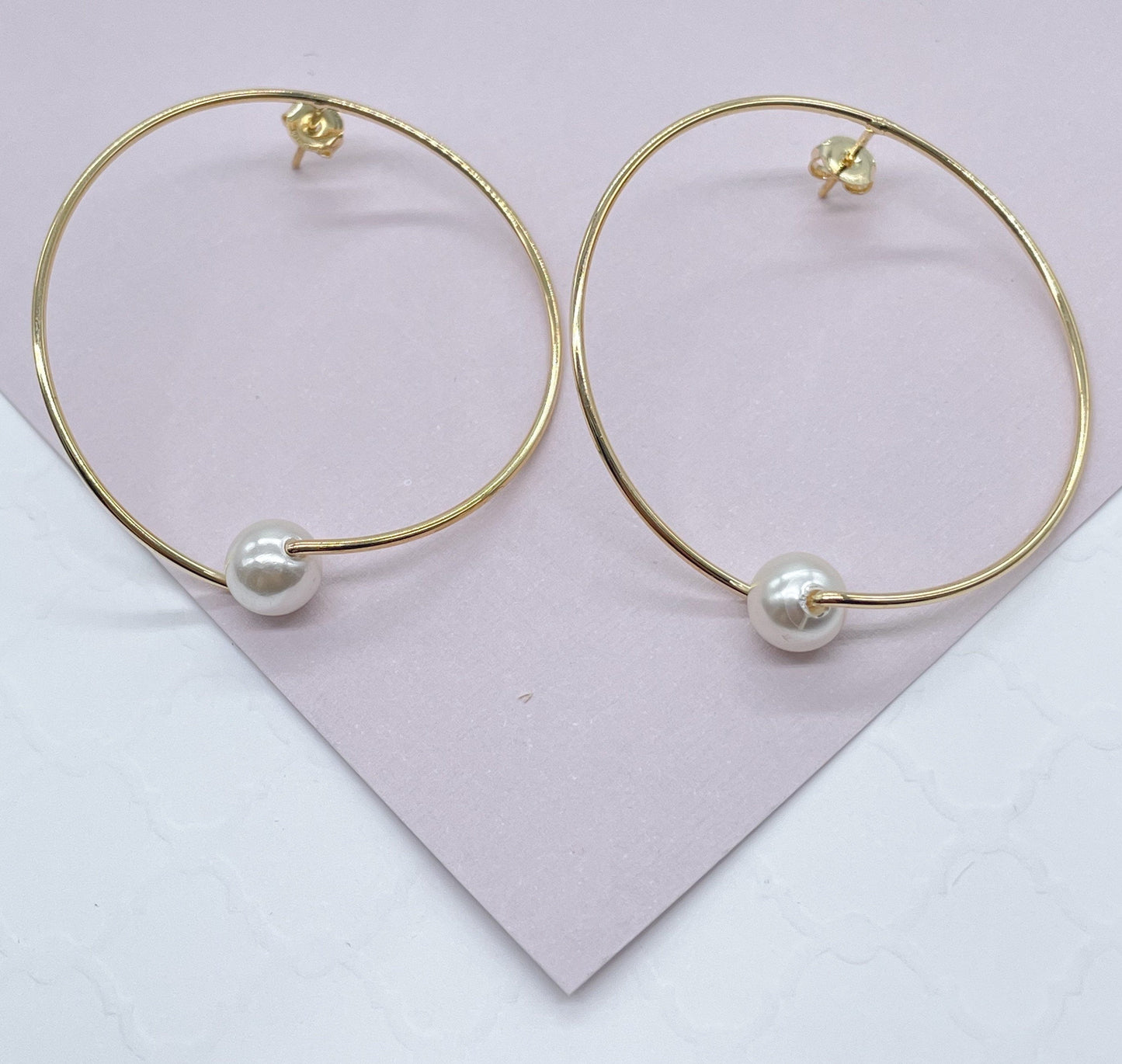18k Gold Layered Designed Thin Hoop Earring With Simulated Pearl Wholesale