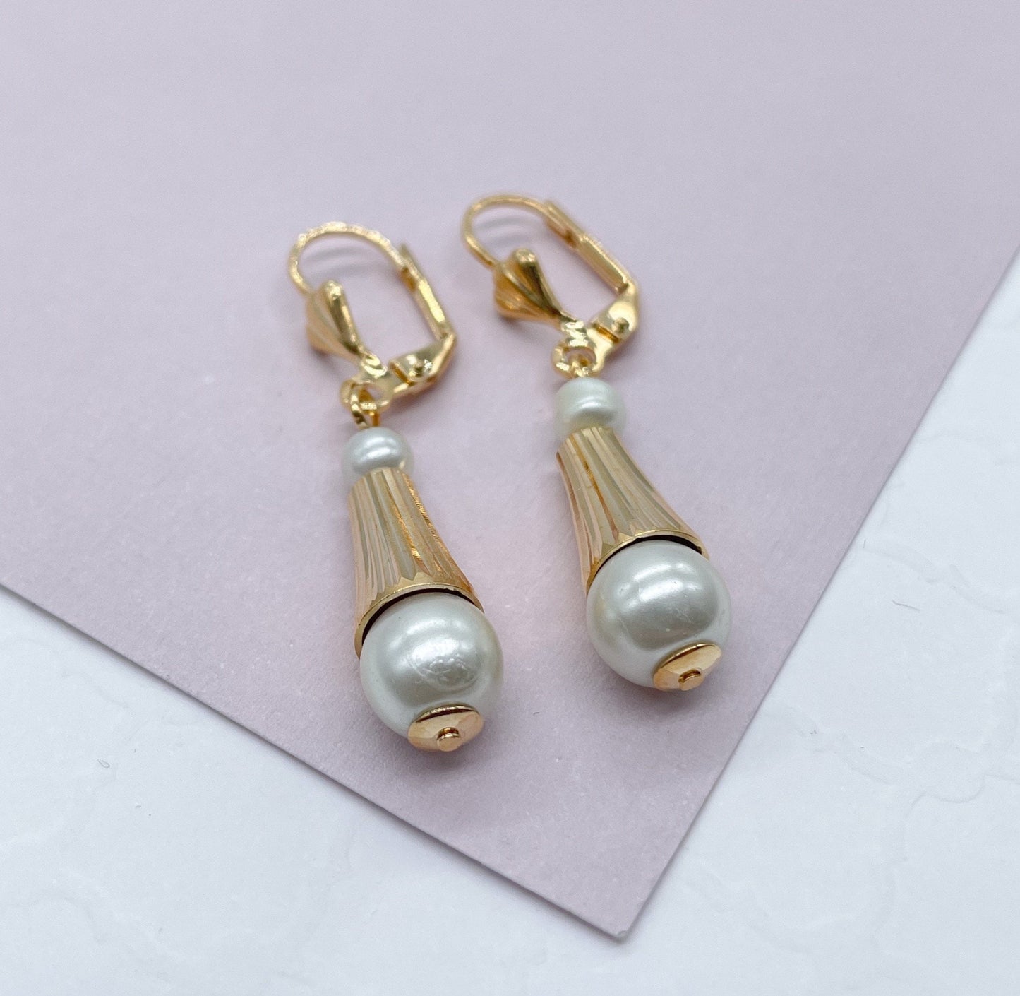 18k Gold Layered Dangling Earring With Simulated Pearl Ball Attached To The
