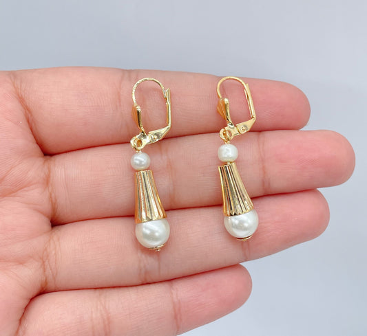 18k Gold Layered Dangling Earring With Simulated Pearl Ball Attached To The