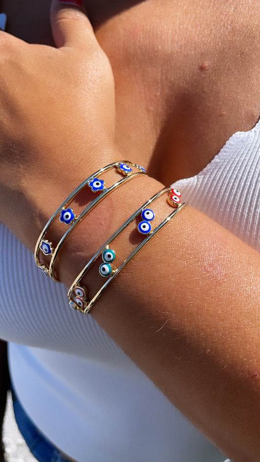 18k Gold Layered Colorful Evil Eye Cuff Bracelets Featuring Flower, Heart or