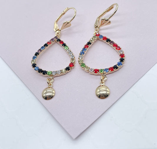 18k Gold Layered Drop Shape Leverback Earrings Featuring Multicolor Cubic