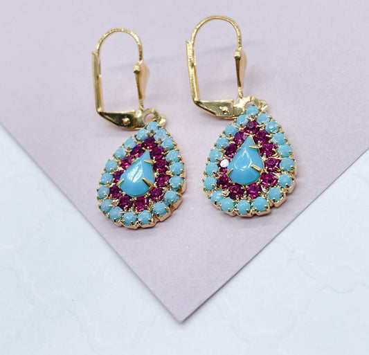 Drop Shape 18k Gold Filled Dangling Earrings Simulated Turquoise Surrounded by