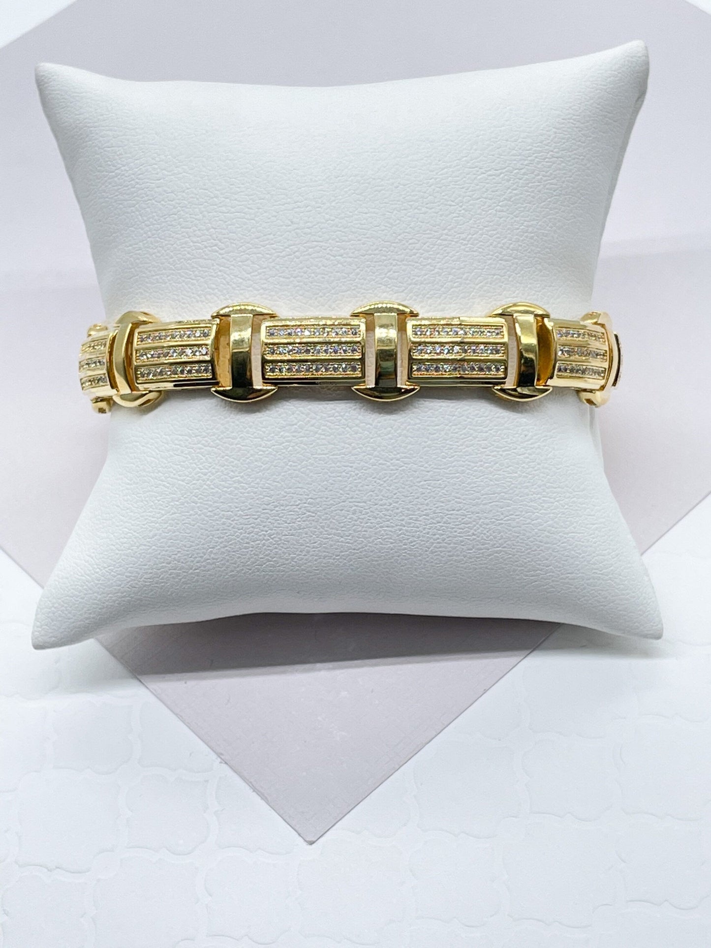 9mm Iced 18k Gold Layered Link Men's Bracelet Featuring Micro Pave Cubic Zirconia