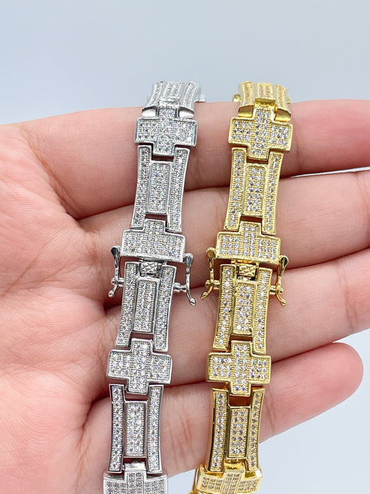 9mm Iced 18k Gold Layered Men's Cross Link Bracelet With Micro Pave Clear Cubic