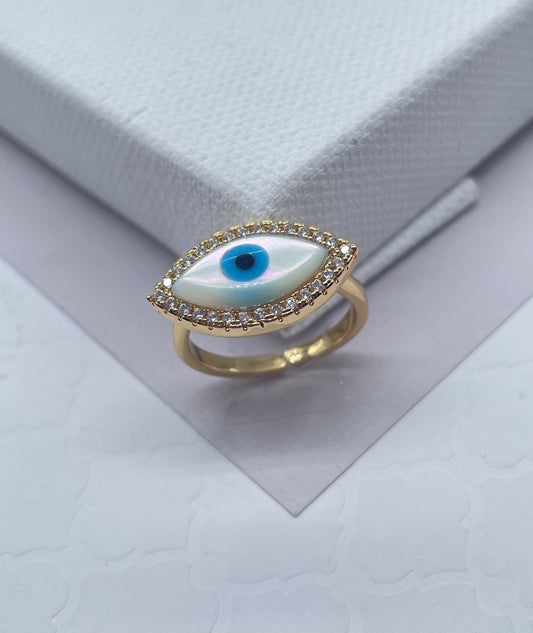 18k Gold Layered Evil Light Blue Eye Ring With Micro Pave Clear Cubic Zirconia