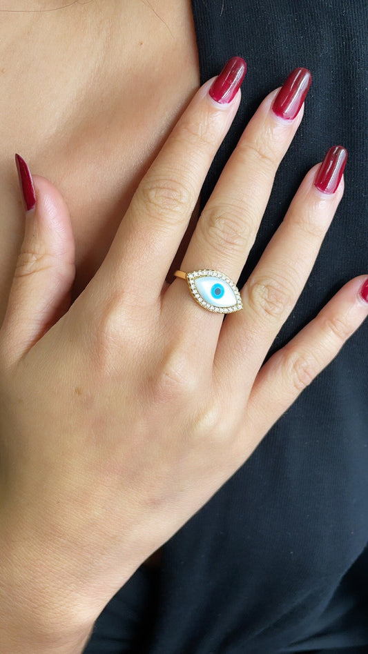 18k Gold Layered Evil Light Blue Eye Ring With Micro Pave Clear Cubic Zirconia