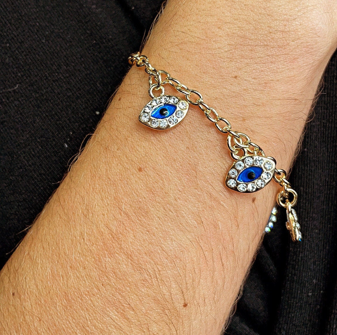 18k Gold Layered 7 Blue Evil Eyes Cubic Zirconia Charms Bracelet, Protection