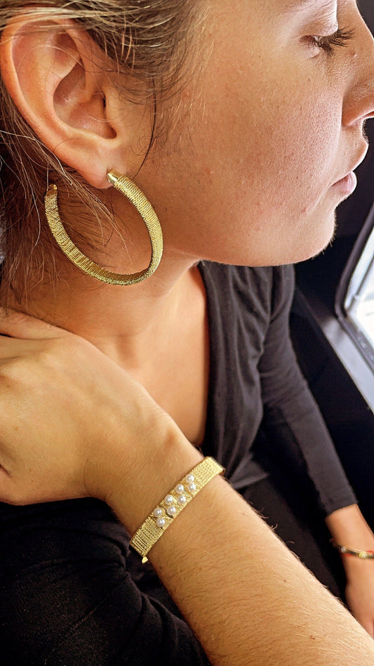 18k Gold Layered Plain Cuff Bracelet Wrapped In Gold Thread And Pearls Detail,