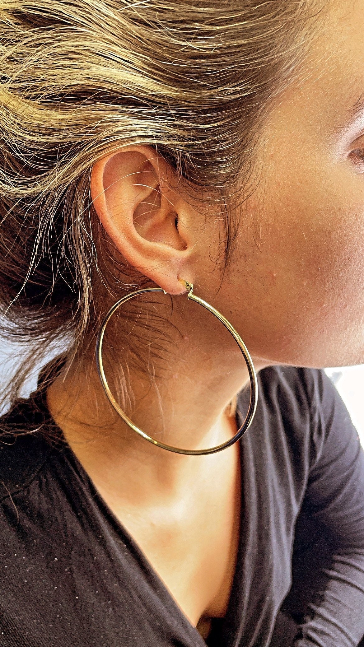 80mm Diameter 18k Gold Layered Thin Thread Hoop Earrings, Large Gold Plain