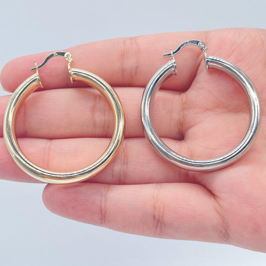 18k Gold Layered Thick Flat Inside Hoop Earrings, Plain Gold Fat 40mm Hoops,