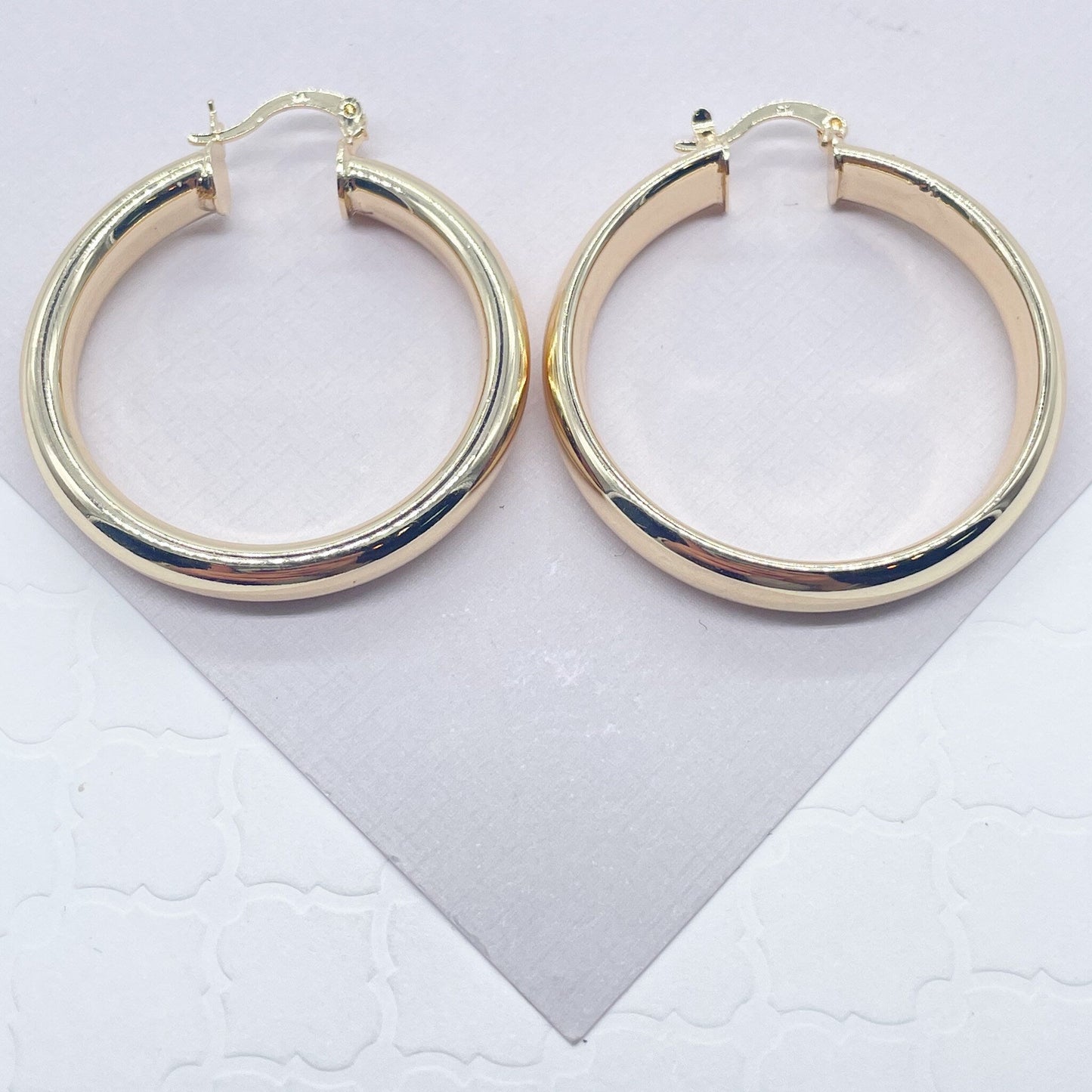 18k Gold Layered Thick Flat Inside Hoop Earrings, Plain Gold Fat 40mm Hoops,