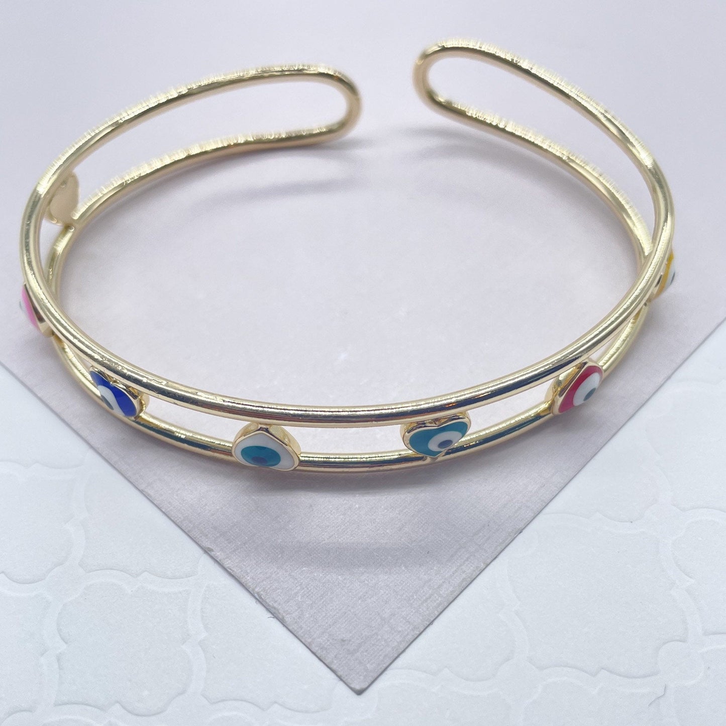 18k Gold Layered Colorful Evil Eye Cuff Bracelets Featuring Flower, Heart or