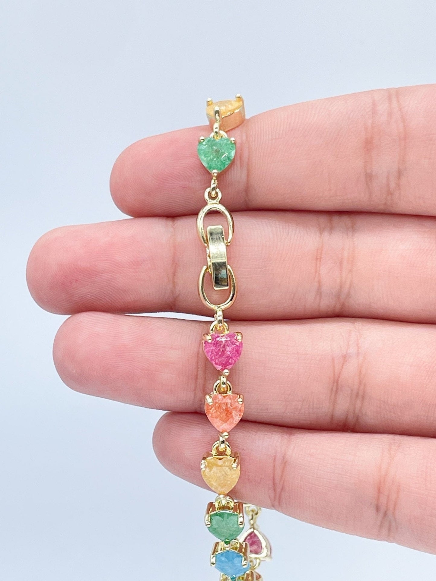 18k Gold Layered Candy Colorful Heart Stones Bracelet, Fun Bracelet Jewelry, Love