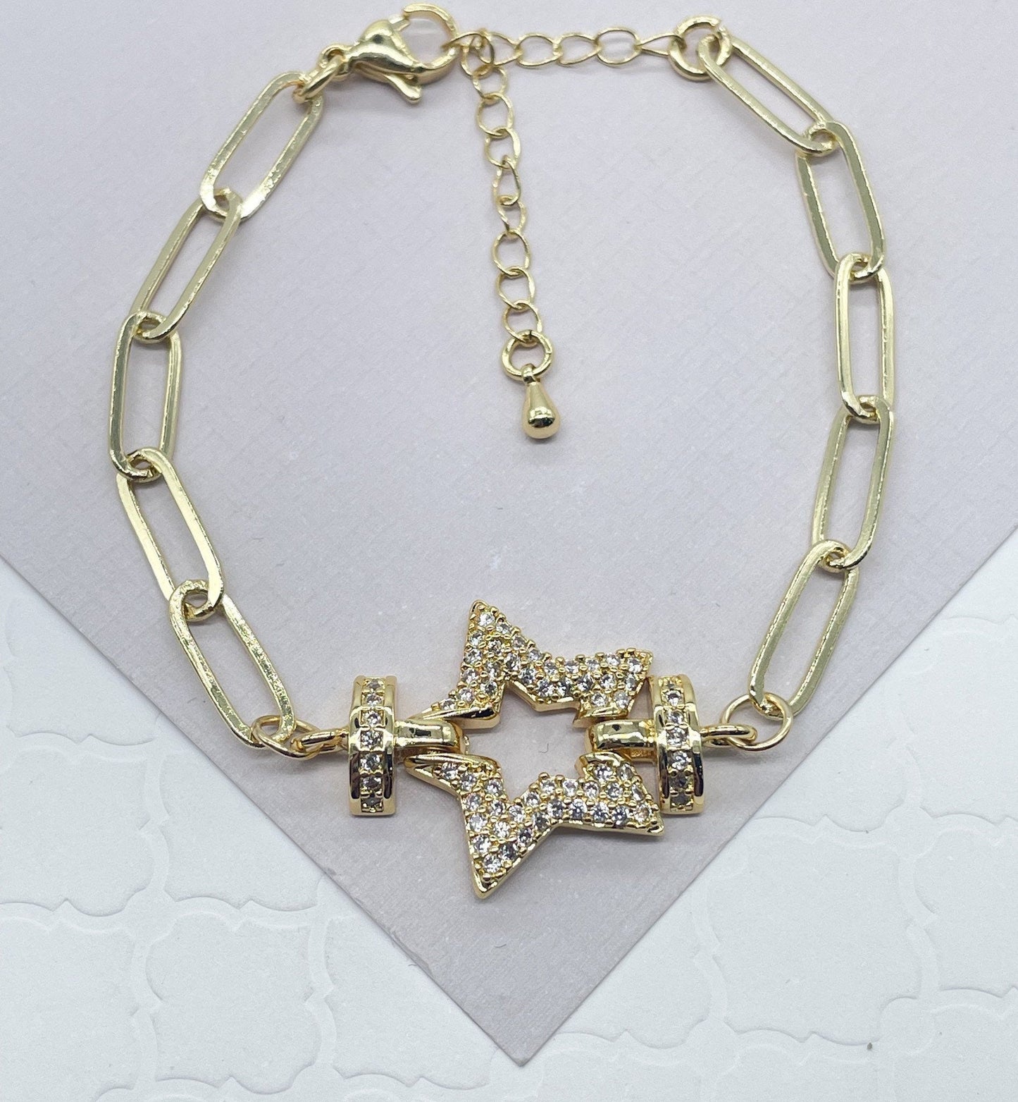 18k Gold Filled Paper Clip Link Bracelet Featuring Micro Pave Cubic Zirconia