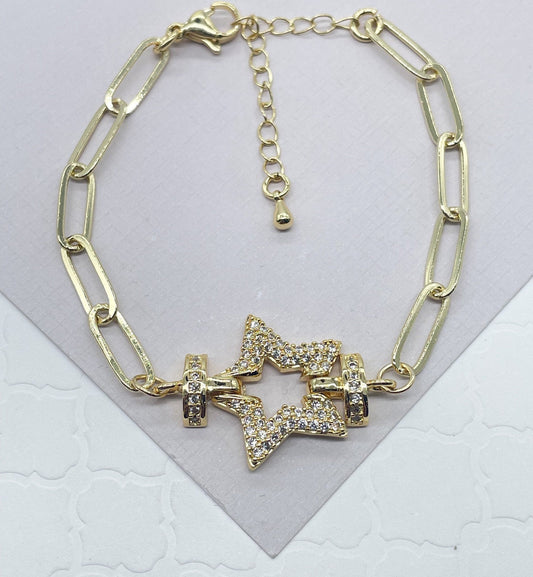 18k Gold Filled Paper Clip Link Bracelet Featuring Micro Pave Cubic Zirconia