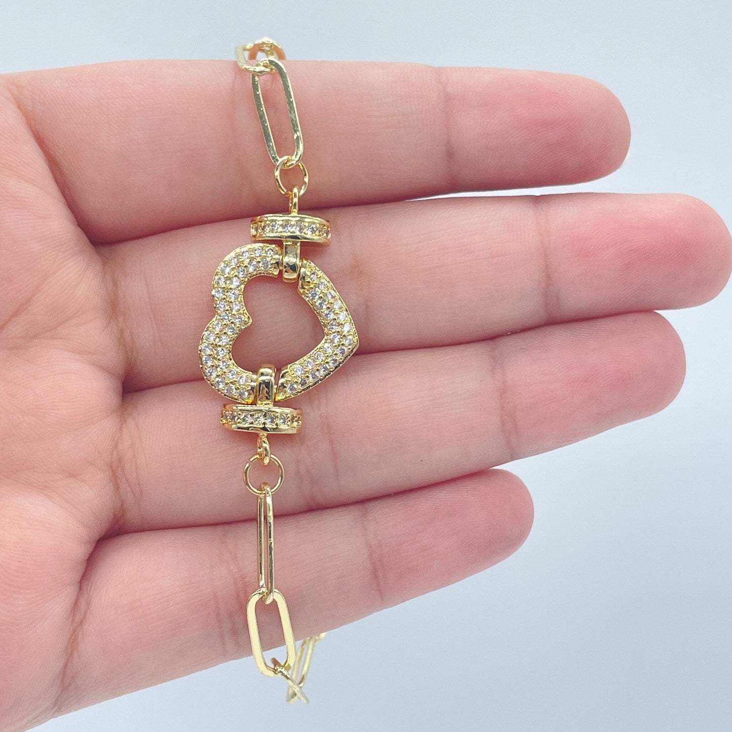 18k Gold Filled Paper Clip Link Bracelet Featuring Micro Pave Cubic Zirconia Heart Charm With CZ Connectors Jewelry