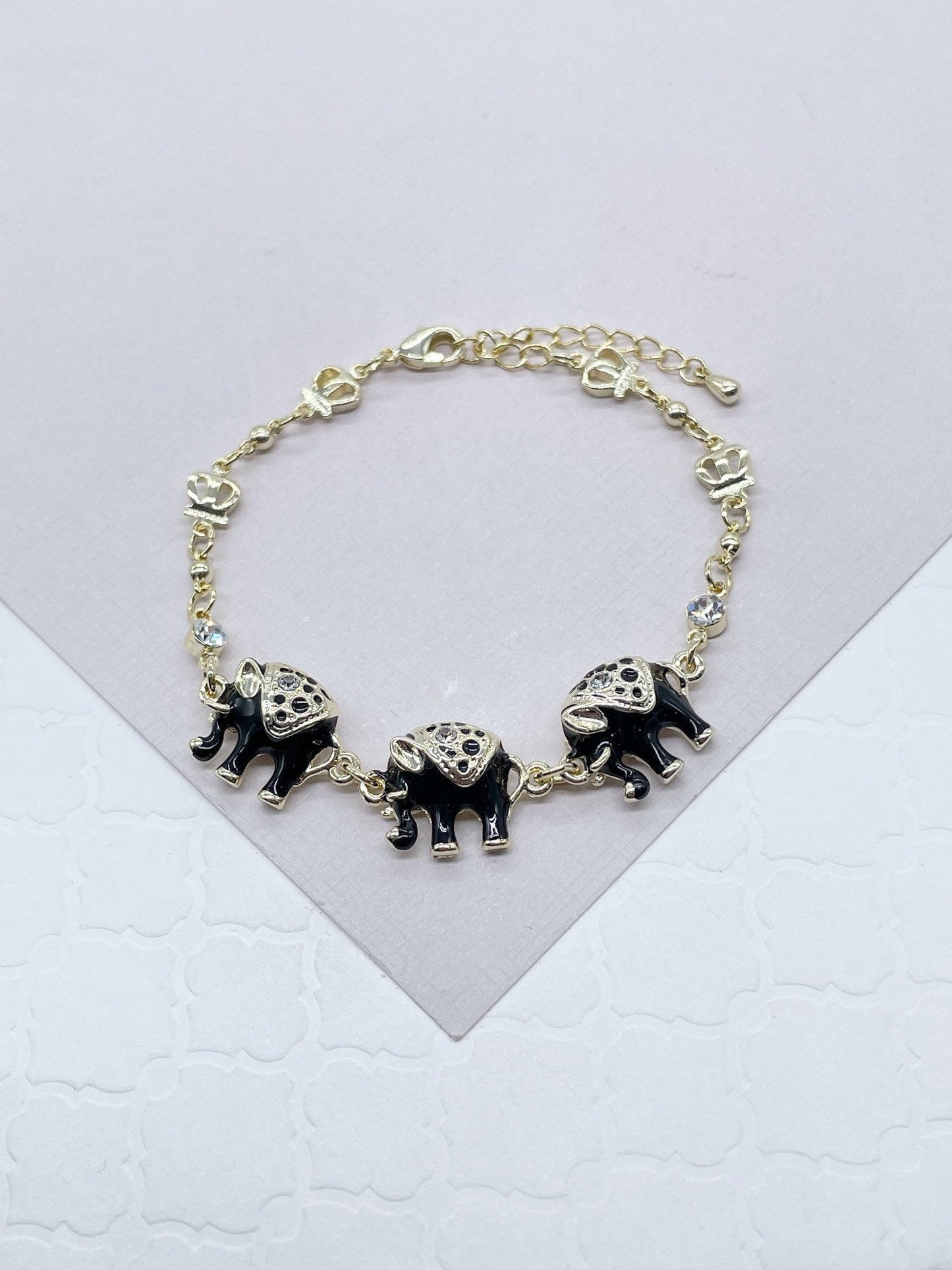 18k Gold Filled Multi Color Enamel Puffy Elephant Bracelets, Blue, Red, White