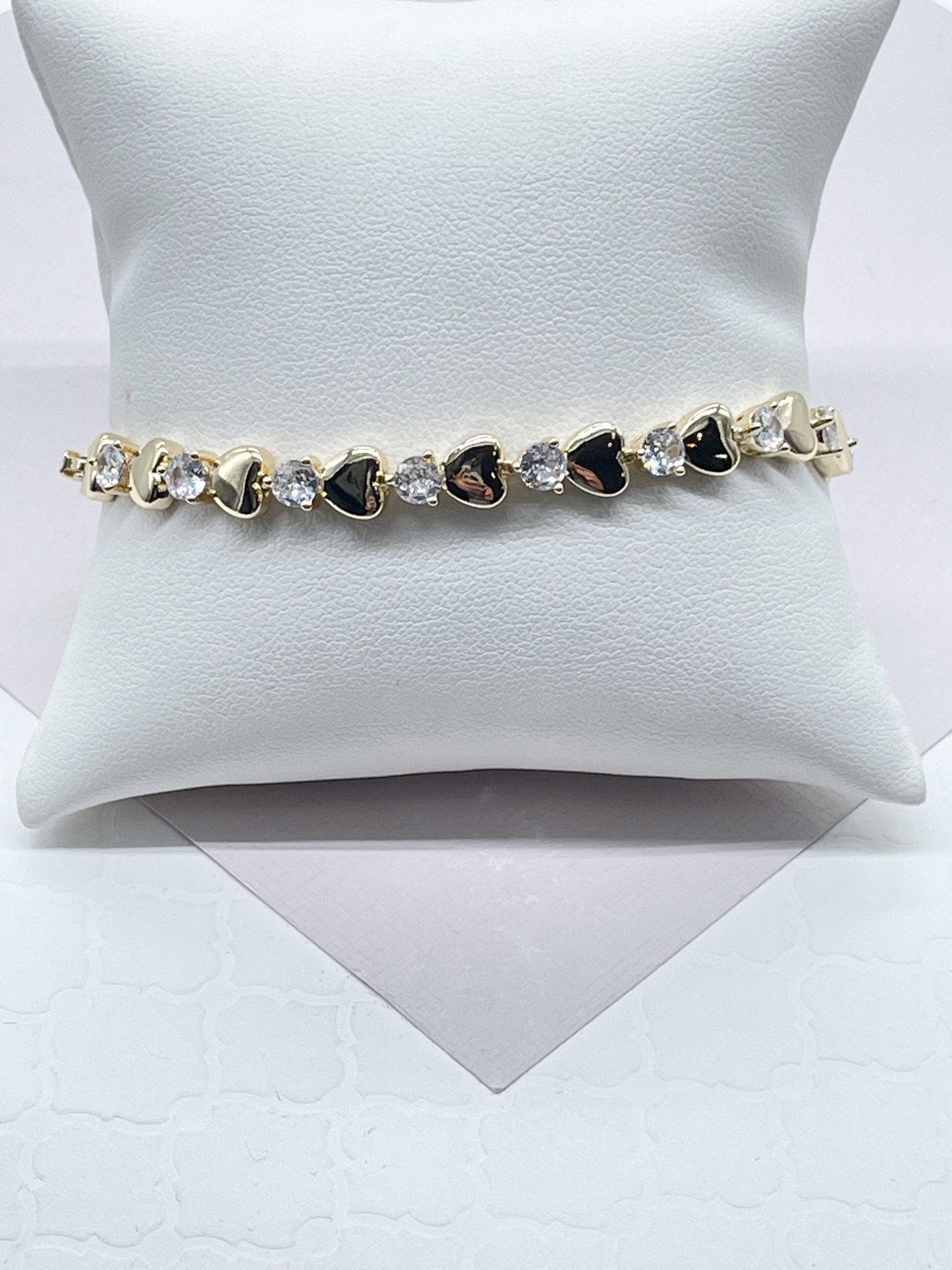 18k Gold Layered Clear Cubic Zirconia & Hearts Bracelet, Gift For Her, Romantic