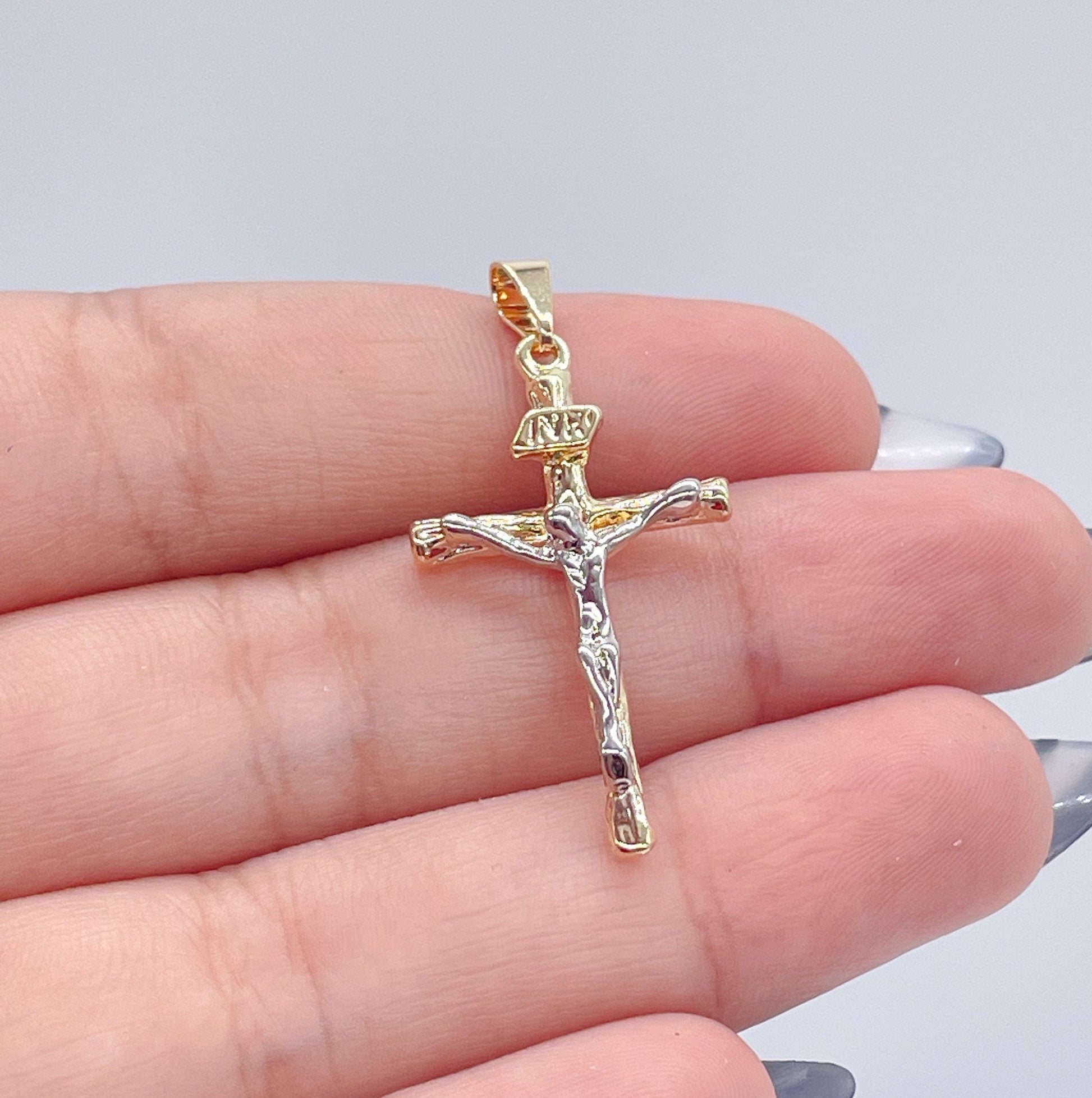 18k Gold Filled Two Tone Crucifix Cross Featuring Image of Jesus Christ in Silver Filled Supplies