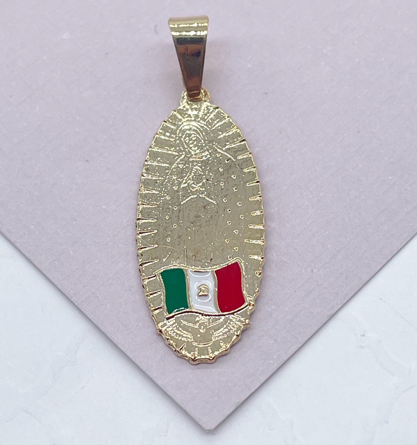18k Gold Layered Oval Shaped Our Lady of Guadalupe Pendant Featuring Mexican Flag