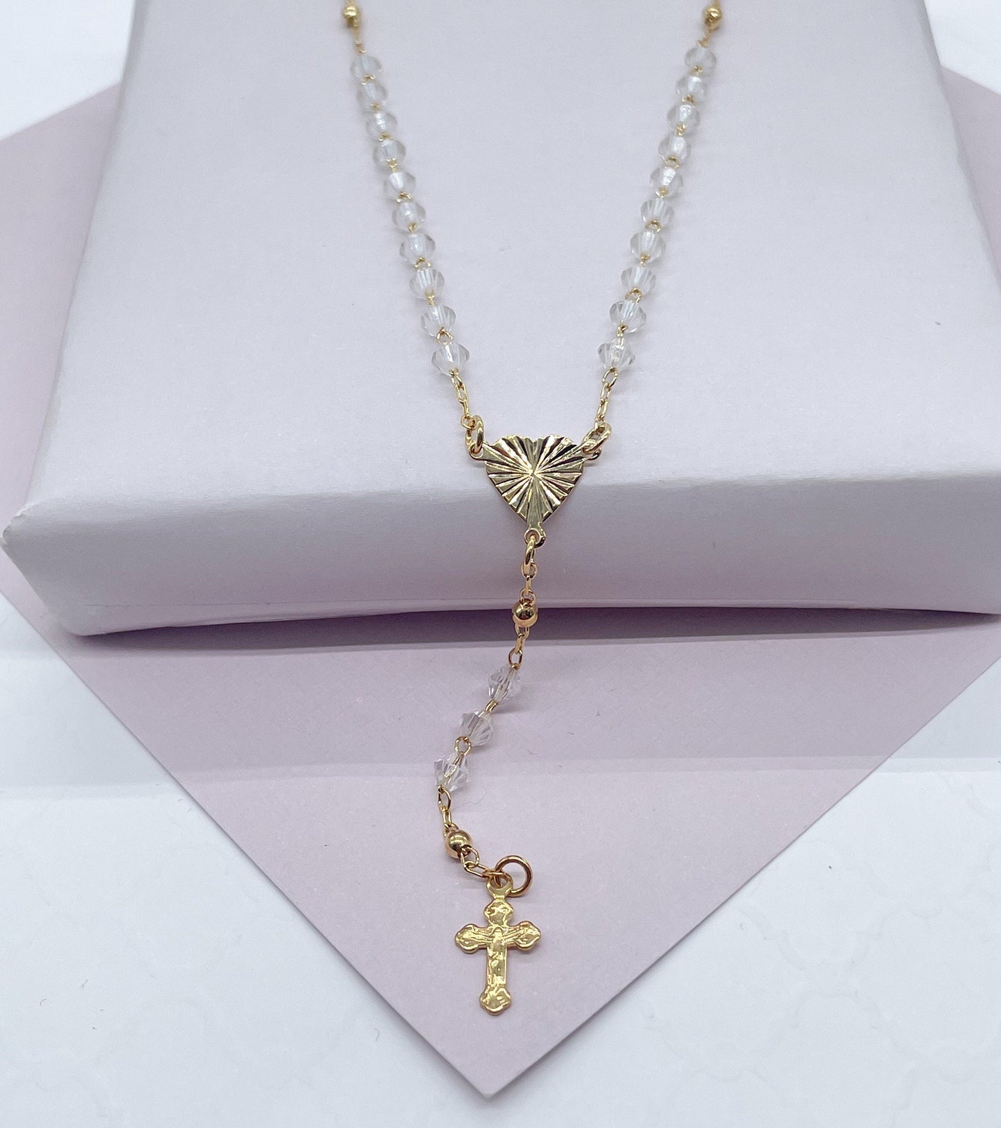 18k Gold Filled Beaded Necklace Featuring Center Sun Rays Textured Heart And