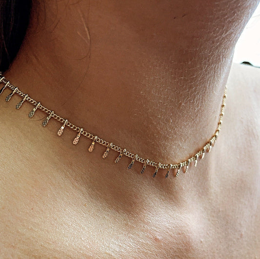18k Gold Layered Dainty Fringe Choker Necklace Bohemian Design Chain, Gold Dangle