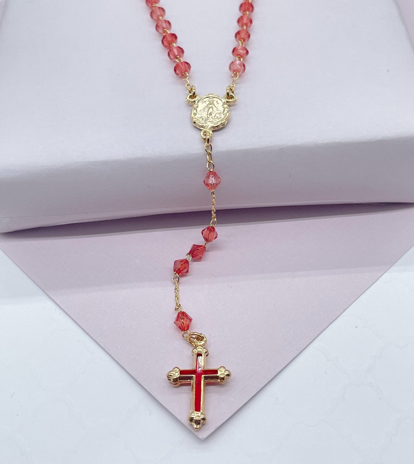 18k Gold Layered Red Beaded Rosary Featuring Dark Red Cross Wholesale Jewelry