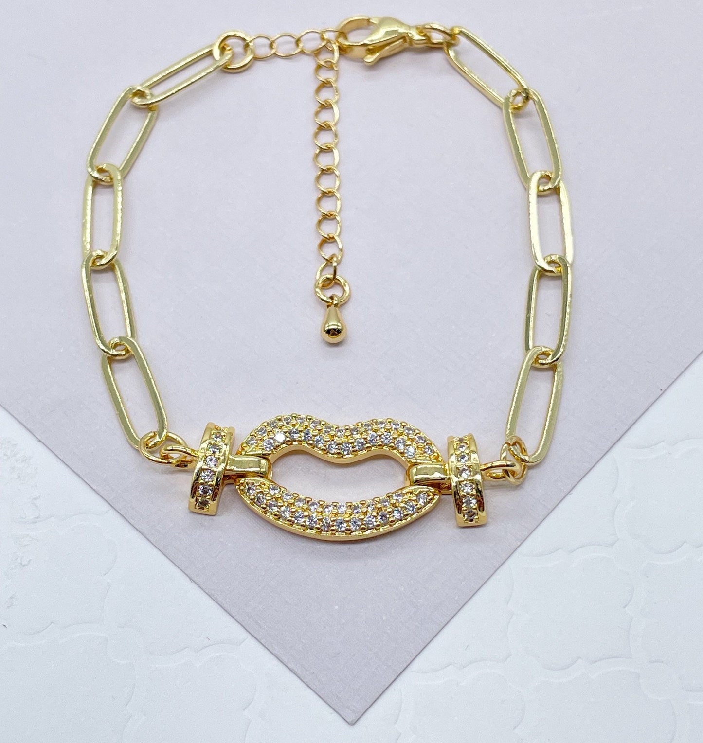 18k Gold Filled Paper Clip Link Bracelet Featuring Micro Pave Cubic Zirconia