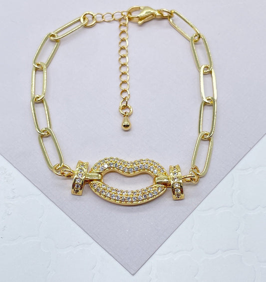 18k Gold Filled Paper Clip Link Bracelet Featuring Micro Pave Cubic Zirconia