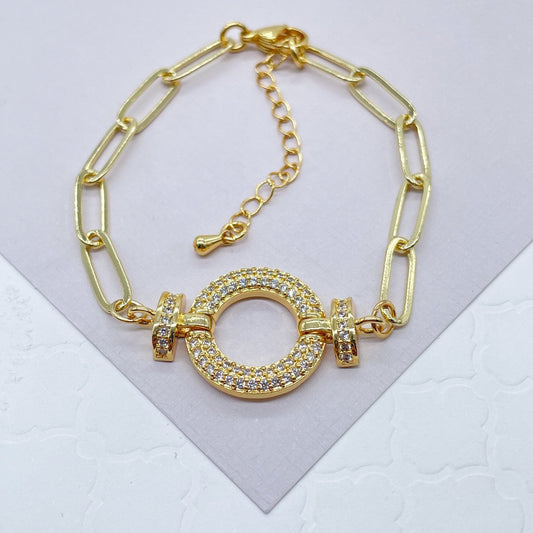 18k Gold Layered Paper Clip Link Bracelet Featuring Micro Pave Cubic Zirconia