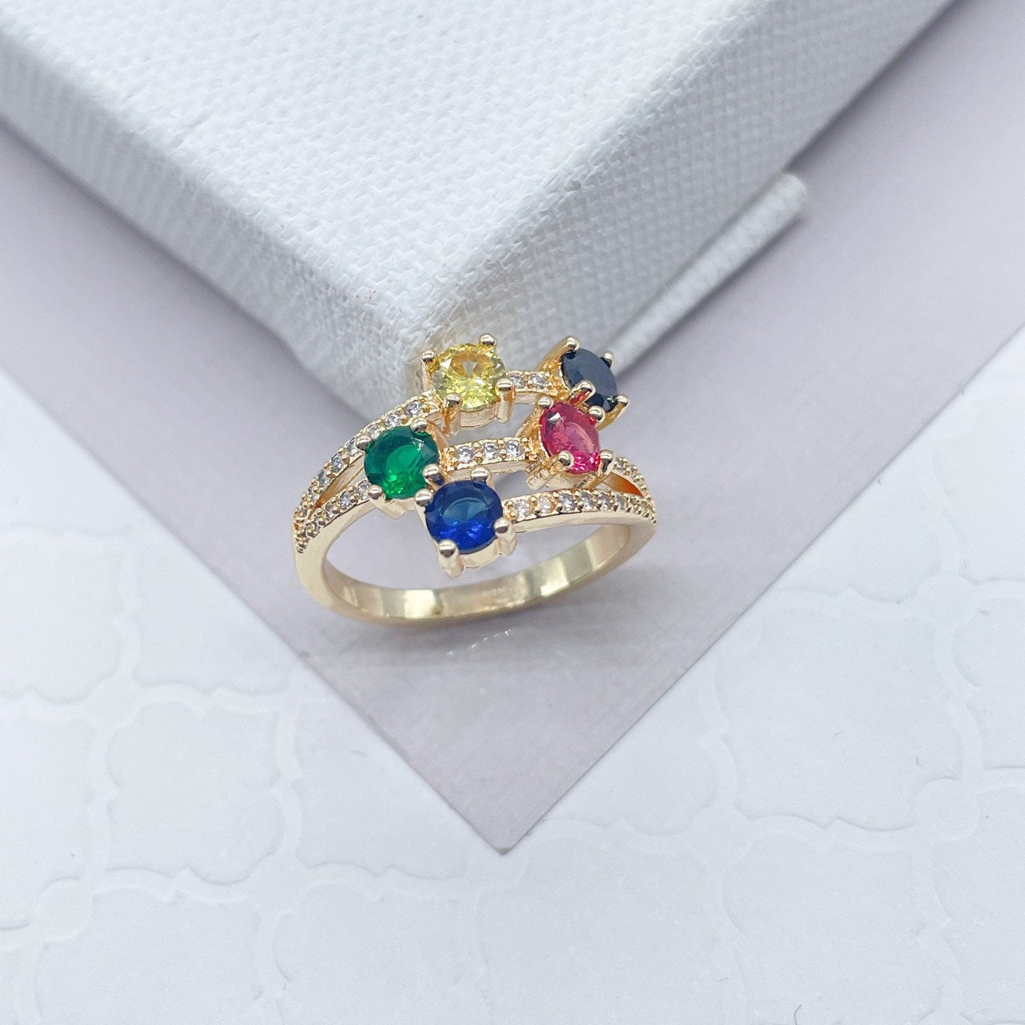 18k Gold Layered with Five Multi Color Cubic Zirconia Stones Ring Details In