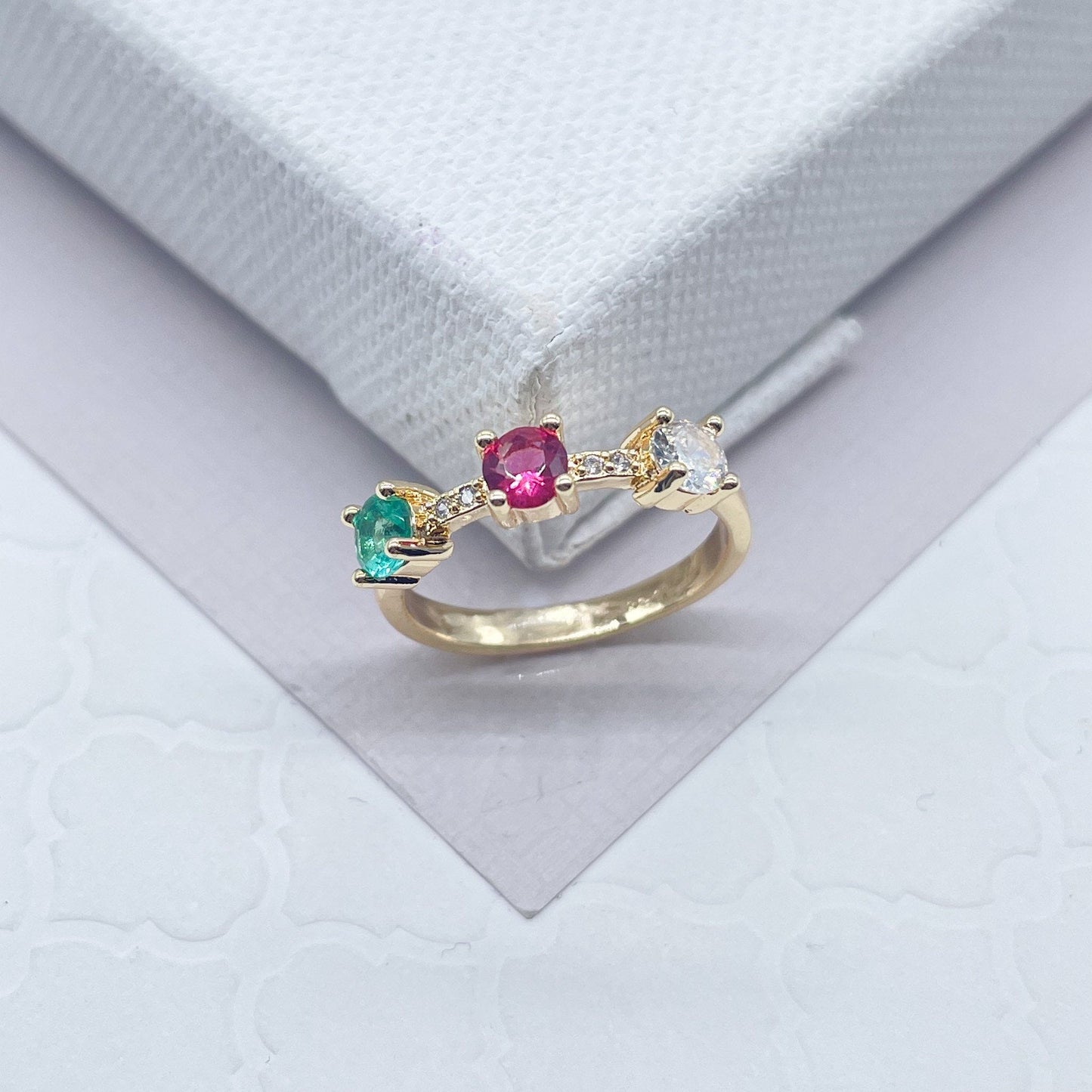 18k Gold Layered Pink, Crystal and Green Color Cubic Zirconia Stones Ring