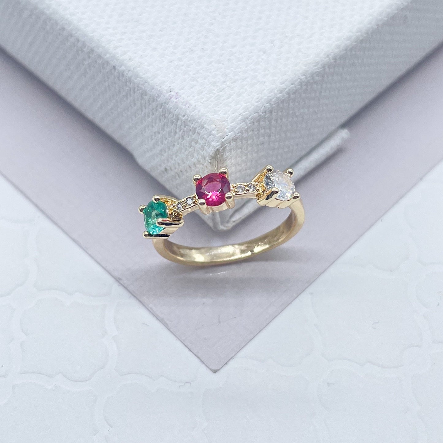 18k Gold Layered Pink, Crystal and Green Color Cubic Zirconia Stones Ring