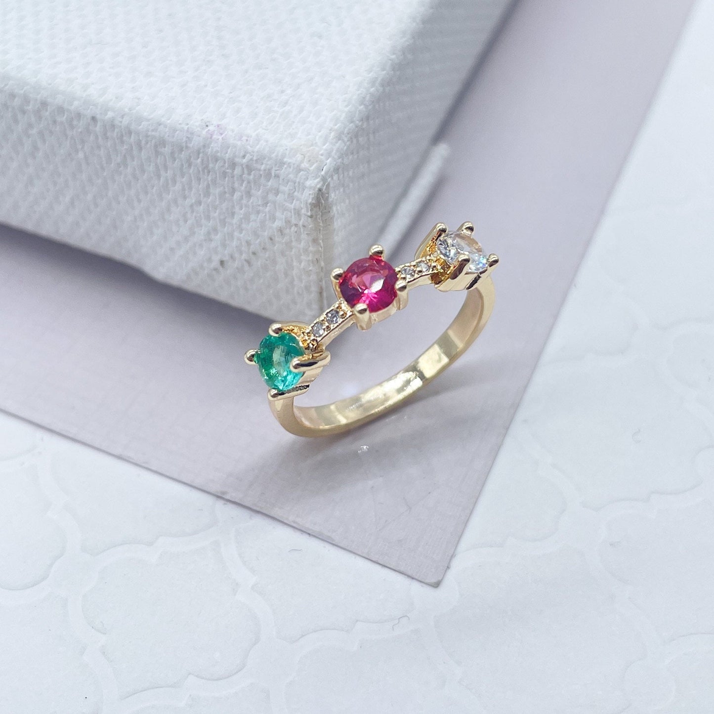 18k Gold Layered Pink, Crystal and Green Color Cubic Zirconia Stones Ring