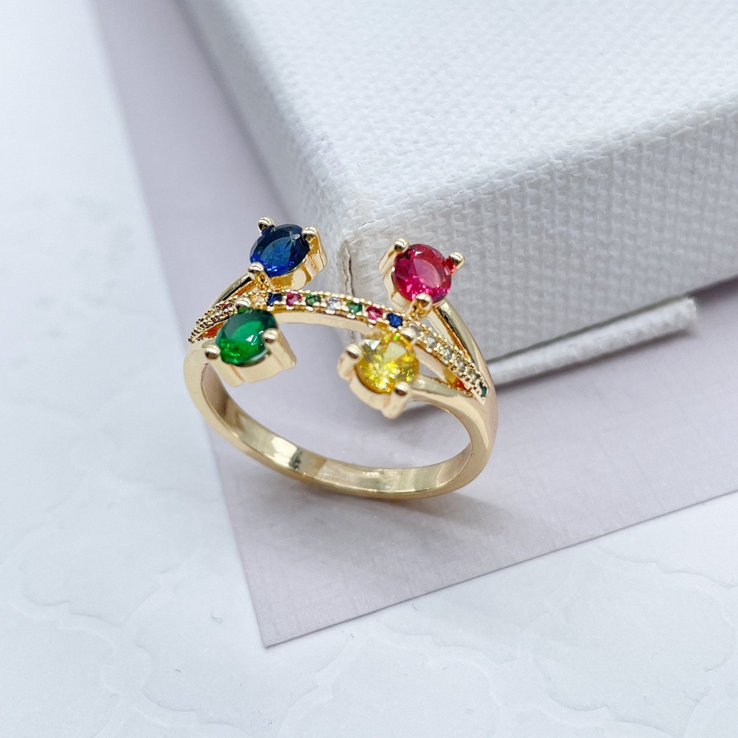 18k Gold Layered Pink, Blue, Yellow and Green Color Cubic Zirconia Stones Ring