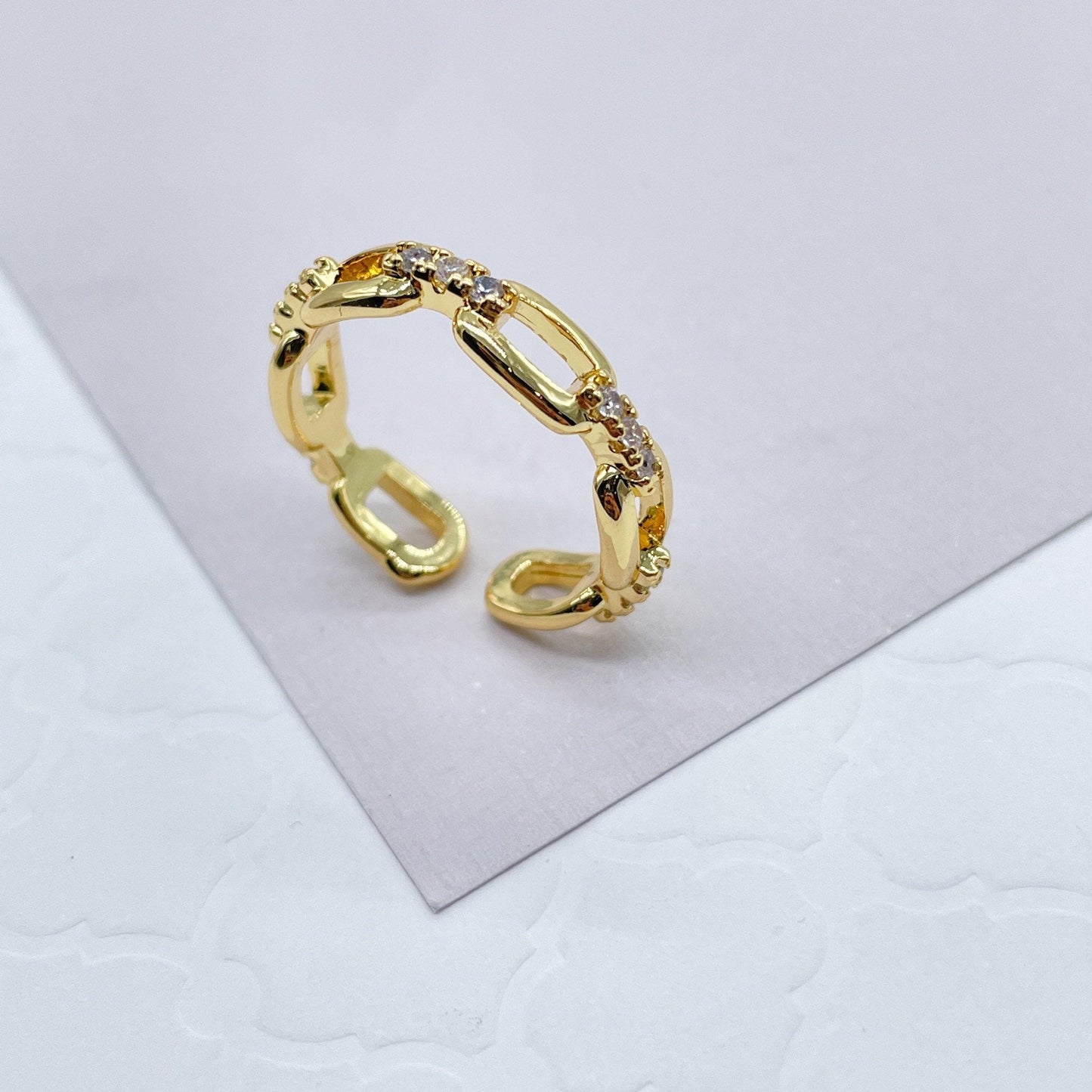 18k Gold Layered Minimalistic Adjustable Link Chain Ring Featuring Micro Pave